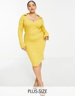 Public Desire Curve Open Back Midi Dress In Mustard For Women Honey Comb -Desirelic Store 200781144 1 honeycomb 1