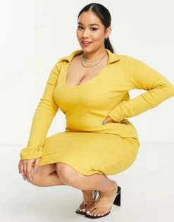 Public Desire Curve Open Back Midi Dress In Mustard For Women Honey Comb -Desirelic Store 200781144 3