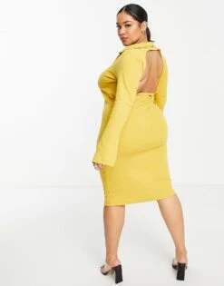 Public Desire Curve Open Back Midi Dress In Mustard For Women Honey Comb -Desirelic Store 200781144 4