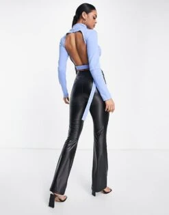 Public Desire Ribbed High Neck Open Back Detail Cropped Top In Blue For Women College Blue -Desirelic Store 201357804 2