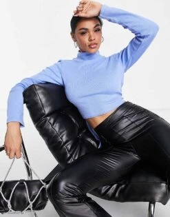 Public Desire Ribbed High Neck Open Back Detail Cropped Top In Blue For Women College Blue -Desirelic Store 201357804 4