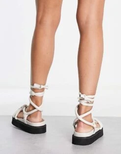 Public Desire Tura Knot Upper Flat Sandals In White For Women Taupe -Desirelic Store 201626872 2