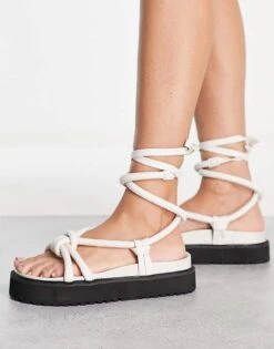 Public Desire Tura Knot Upper Flat Sandals In White For Women Taupe -Desirelic Store 201626872 3