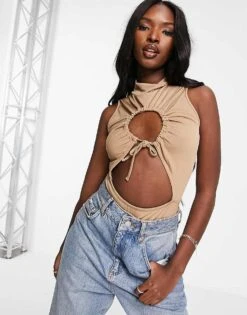 Public Desire Slinky Cut Out Ruched Double Layer Bodysuit In Chestnut For Women -Desirelic Store 201706406 1 chestnut 1