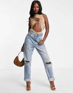 Public Desire Slinky Cut Out Ruched Double Layer Bodysuit In Chestnut For Women -Desirelic Store 201706406 4