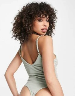 Public Desire Slinky Low Back Double Layer Bodysuit In Sage Green For Women -Desirelic Store 201706537 2