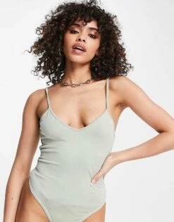 Public Desire Slinky Low Back Double Layer Bodysuit In Sage Green For Women -Desirelic Store 201706537 3