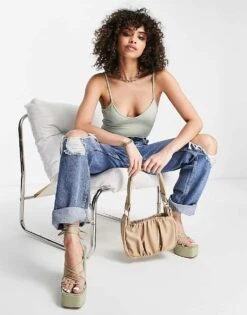 Public Desire Slinky Low Back Double Layer Bodysuit In Sage Green For Women -Desirelic Store 201706537 4