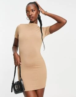 Public Desire Double Layered Capped Sleeve Mini Bodycon Dress In Chestnut For Women -Desirelic Store 201706577 1 chestnut 1