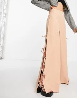 Public Desire Wide Leg Tie Side Trousers In Stone For Women