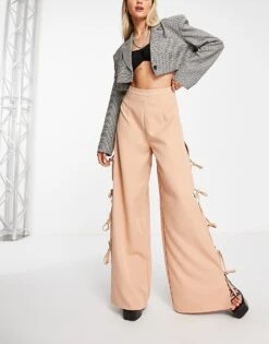 Public Desire Wide Leg Tie Side Trousers In Stone For Women -Desirelic Store 201825861 3