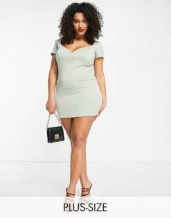 Public Desire Curve Double Layered Slinky Plunge Bodycon Dress In Sage Green For Women