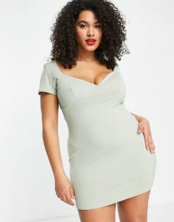 Public Desire Curve Double Layered Slinky Plunge Bodycon Dress In Sage Green For Women -Desirelic Store 201923006 4