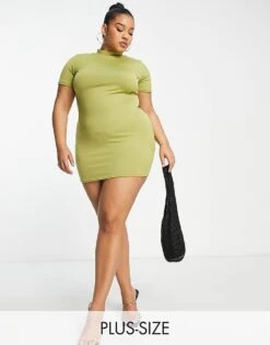 Public Desire Curve Double Layered Slinky Short Sleeve Mini Dress In Palm Green For Women