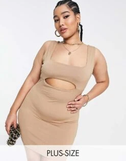 Public Desire Curve Double Layered Slinky Cut Out Mini Dress In Beige For Women Chestnut