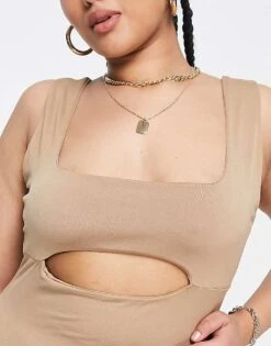 Public Desire Curve Double Layered Slinky Cut Out Mini Dress In Beige For Women Chestnut -Desirelic Store 201923041 3