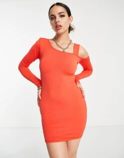 Public Desire Double Layer Slinky Cold Shoulder Mini Dress In Orange For Women Red -Desirelic Store 201963293 1 red 1