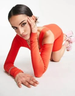 Public Desire Double Layer Slinky Cold Shoulder Mini Dress In Orange For Women Red -Desirelic Store 201963293 3