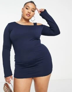 Public Desire Curve Double Layer Slinky Cold Shoulder Mini Dress In Midnight For Women -Desirelic Store 201996032 4