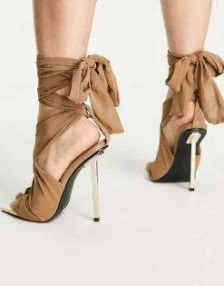 Public Desire Huni Ribbon Tie Up Gold Stiletto Heeled Sandals Choc For Women -Desirelic Store 201997114 1 choc 1