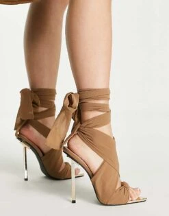 Public Desire Huni Ribbon Tie Up Gold Stiletto Heeled Sandals Choc For Women -Desirelic Store 201997114 3