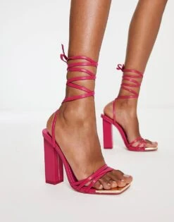 Public Desire Amira Tie Up Block Heel Sandals In Hot Pink For Women