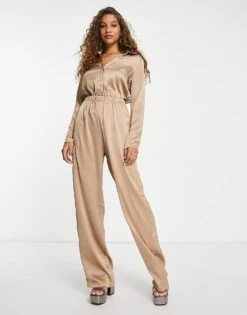 Public Desire Oversized Satin Utility Jumpsuit In Camel For Women