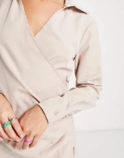 Public Desire Mini Wrap Shirt Dress In Stone For Women -Desirelic Store 203686550 3