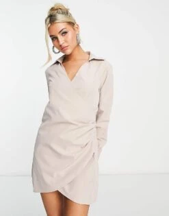Public Desire Mini Wrap Shirt Dress In Stone For Women -Desirelic Store 203686550 4