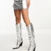 Public Desire Navada Western Knee Boot In Textured Silver For Women Silver Pu -Desirelic Store 204494861 1 silverpu