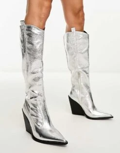Public Desire Navada Western Knee Boot In Textured Silver For Women Silver Pu -Desirelic Store 204494861 2