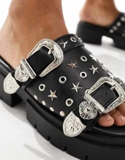 Public Desire Maverick Chunky Heeled Sandal With Western Hardware In Black For Women Black Pu -Desirelic Store 205456797 3