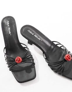 Public Desire Wide Fit Vertigo Mid Heeled Mule With Rosette In Black For Women Black Pu / Red Rose -Desirelic Store 205456919 2