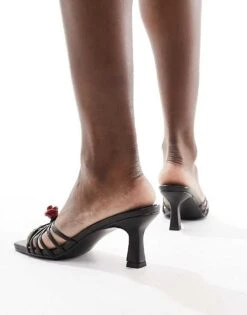 Public Desire Wide Fit Vertigo Mid Heeled Mule With Rosette In Black For Women Black Pu / Red Rose -Desirelic Store 205456919 3