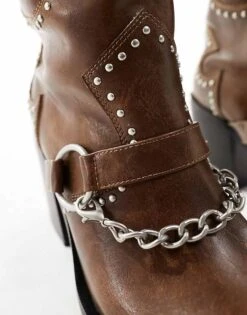 Public Desire Wide Fit Nashville Knee Boot With Hardware In Distressed Brown For Women Brown Vintage Pu -Desirelic Store 205456974 2