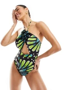 Public Desire Print Cut Out Halter Swimsuit In Multi For Women