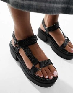 Public Desire Hazard Chunky Sandal With Raffia In Black For Women -Desirelic Store 205670598 2