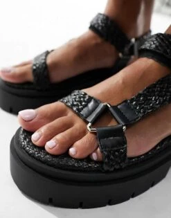 Public Desire Hazard Chunky Sandal With Raffia In Black For Women -Desirelic Store 205670598 4