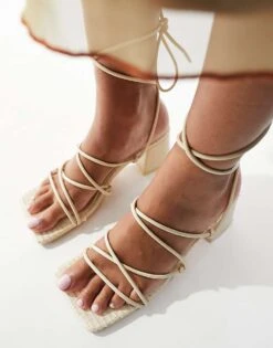 Public Desire Idris Mid Heeled Sandal With Ankle Ties In Cream For Women -Desirelic Store 205670708 4