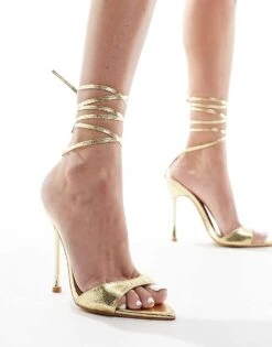 Public Desire Ronnie Pointed Heeled Sandal With Ankle Tie In Gold For Women -Desirelic Store 205670736 4