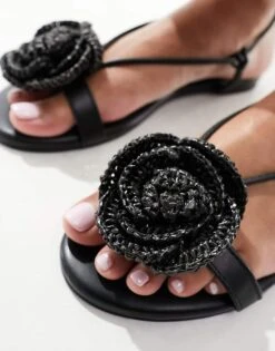 Public Desire Magnolia Flat Sandal In Rosette In Black For Women -Desirelic Store 205671202 2