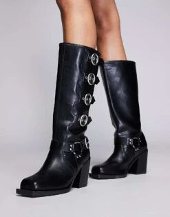 Public Desire Wide Fit Fetish Heeled Biker Boot In Black For Women -Desirelic Store 205673527 3