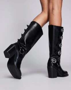 Public Desire Wide Fit Fetish Heeled Biker Boot In Black For Women -Desirelic Store 205673527 4