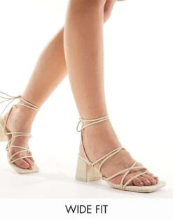 Public Desire Wide Fit Idris Mid Heeled Sandal With Ankle Ties In Cream For Women