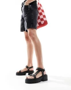 Public Desire Wide Fit Hazard Chunky Sandal With Raffia In Black For Women -Desirelic Store 205673599 4