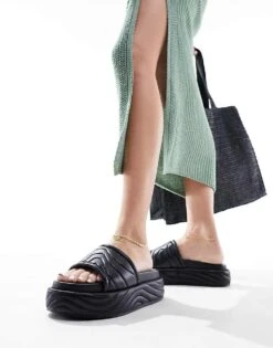 Public Desire Wide Fit Mylo Flatform Slider In Black For Women -Desirelic Store 205673616 2