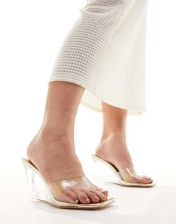 Public Desire Wide Fit Iggy Wedge Heeled Perspex Mule In Gold For Women -Desirelic Store 205673625 2