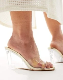 Public Desire Wide Fit Iggy Wedge Heeled Perspex Mule In Gold For Women -Desirelic Store 205673625 4