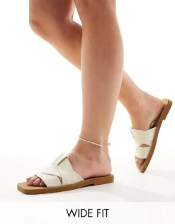 Public Desire Wide Fit Lyra Crossover Flat Sandal In Cream For Women -Desirelic Store 205673643 1 cream 1