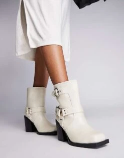 Public Desire Wide Fit Freak Heeled Ankle Biker Boot In Cream For Women -Desirelic Store 205673652 1 cream 1